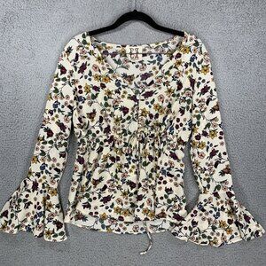 PQLA boho Floral tunic blouse bell sleeves cottage core peasant prairie Small